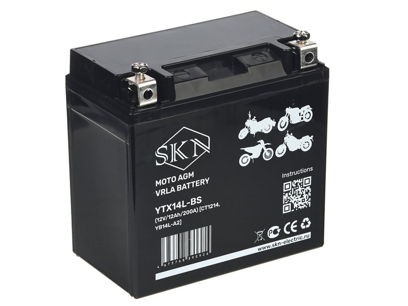 Аккумулятор стартерный для мототехники SKN YTX14L-BS (12V/12Ah/200А) [CT1214, YB14L-A2]